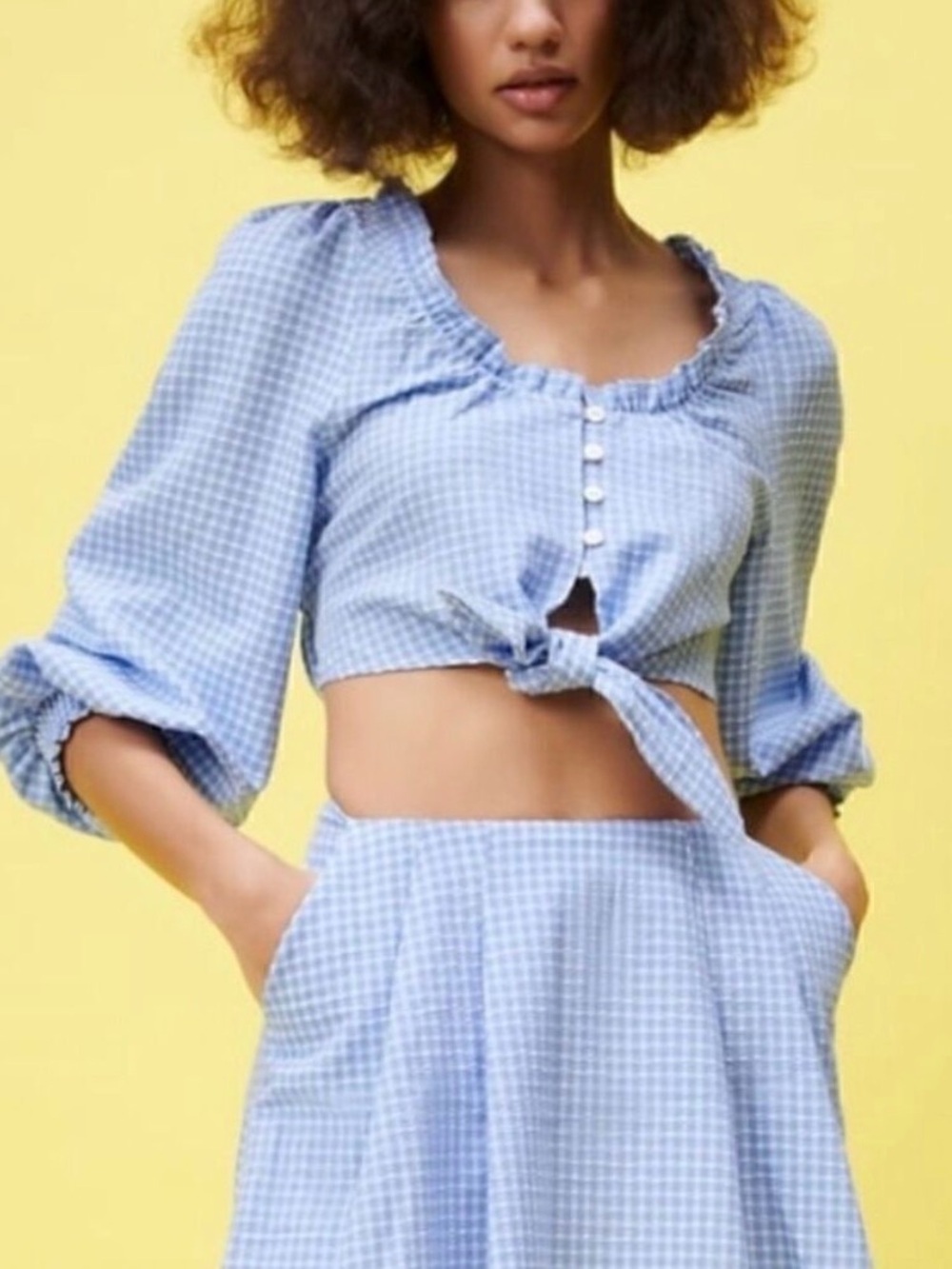 Zara Light Blue Gingham Tie-Front Crop Top